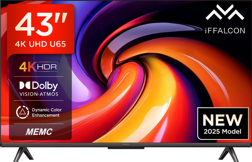 iFFALCON U65 108 cm (43 inch) Ultra HD (4K) LED Smart Google TV 2025 Edition with MEMC | Dolby Vision-Atmos | HVA Panel &amp; Metallic Bezel-Less  (43U65) Flipkart Deal