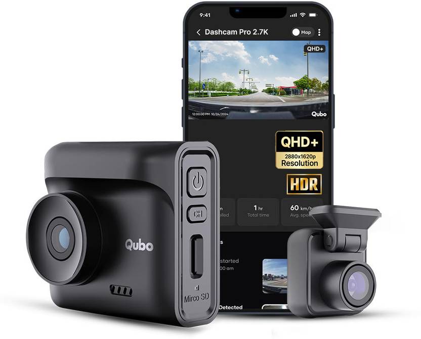 Qubo Smart Dashcam Pro 2.7K + Rear| QHD+| 5MP &amp; 2MP| NightPulse Vision| GPS| 2LCD In-car Camera System  (2 Camera, 1440p) Flipkart Deal