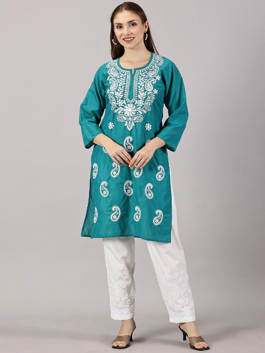 Fashionable Chikan Handikraft Paisley Embroidered Thread Work Cotton Straight Kurta Myntra Deal