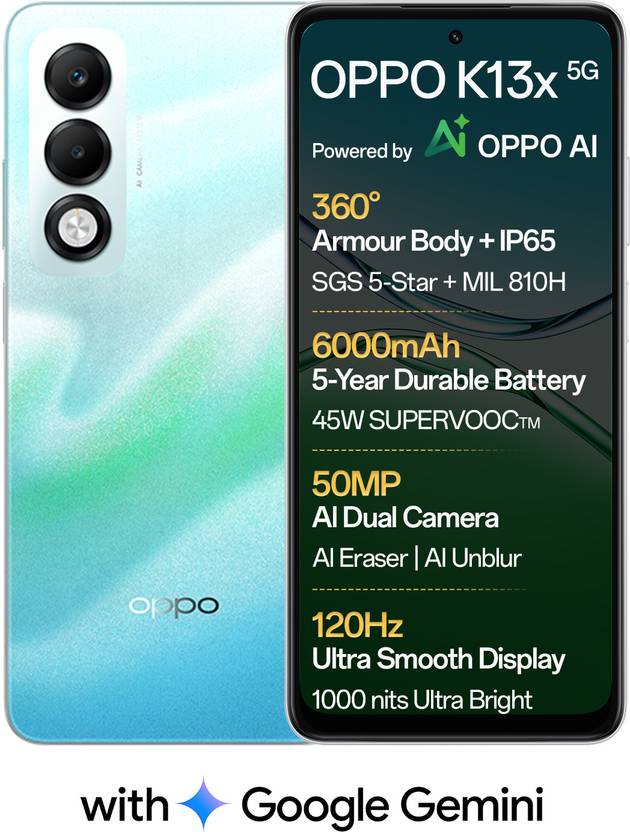 OPPO K13x 5G 6000mAh and 45W SUPERVOOC Charger & AI (Breeze Blue, 128 GB)  (6 GB RAM) Flipkart Deal