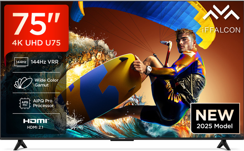 iFFALCON by Tcl U75 189 cm (75 inch) Ultra HD (4K) LED Smart Google TV 2025 Edition with 144 Hz VRR | Wide Color Gamut | AiPQ Pro Processor | 30 W Dolby Vision- Atmos | 3 GB RAM | 32 GB ROM  (75U75)#JustHere Flipkart Deal