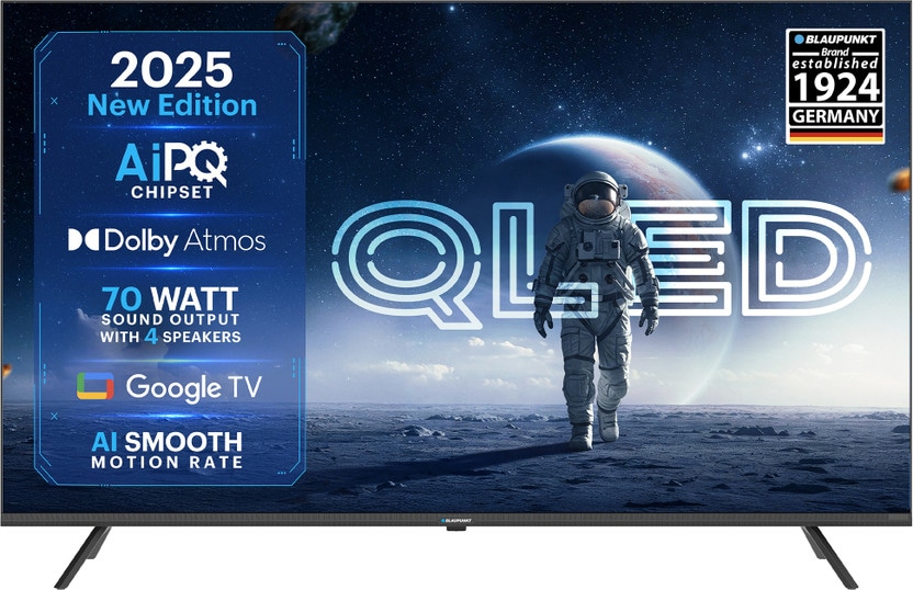 Blaupunkt Quantum Dot 139 cm (55 inch) QLED Ultra HD (4K) Smart Google TV 2025 Edition with Dolby Atmos | 70 Watts Sound Output | 4 Speakers | AI PQ Chipset | AI Smooth Motion Rate | HDR 10 with WCG | Google Assistant  (55QC7025)#JustHere Flipkart Deal