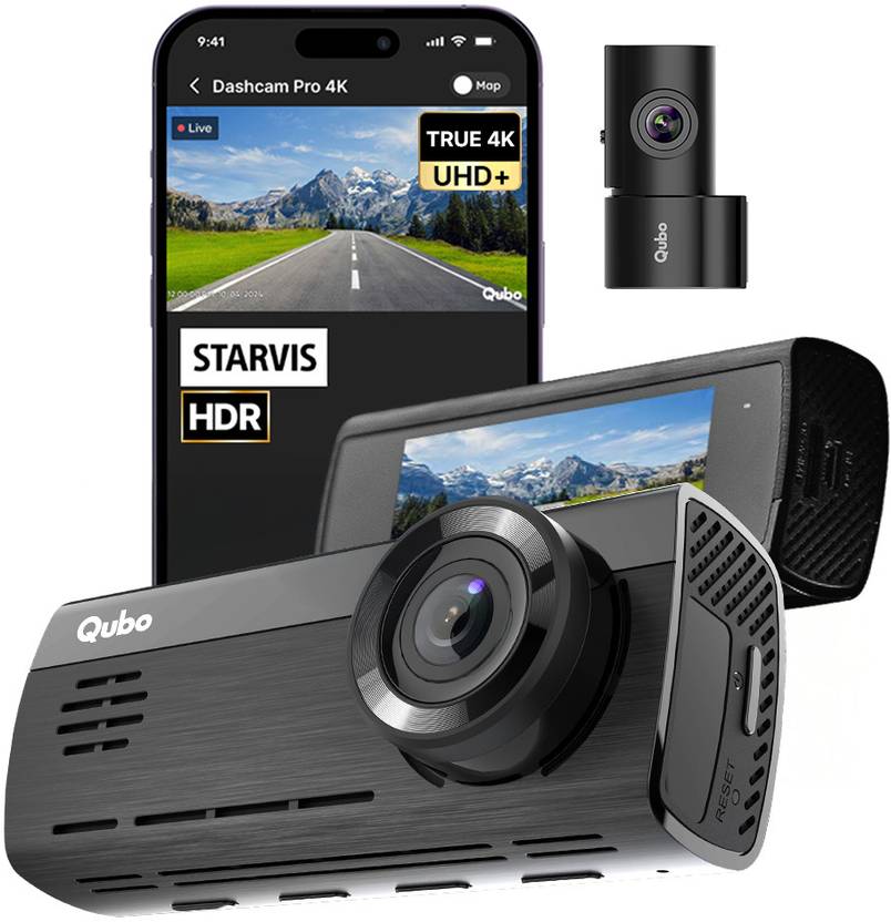 Qubo Smart Dashcam Pro 4K + Rear| UHD+| 8MP &amp; 2MP| NightPulse Vision| ADAS| 2.8LCD In-car Camera System  (2 Camera, 2160p) Flipkart Deal
