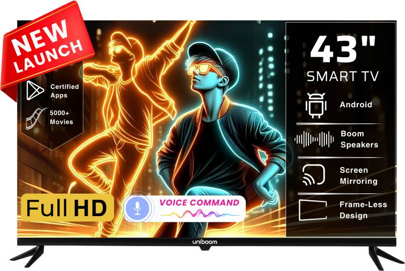 Uniboom Astra 108 cm (43 inch) Full HD LED Smart Android TV 2025 Edition with Voice Control App | 500+ Movies | 1000+ Certified Apps | Profile Mode| Aura Vision | Mobile Cast  (43S-ULT-AED)#JustHere Flipkart Deal