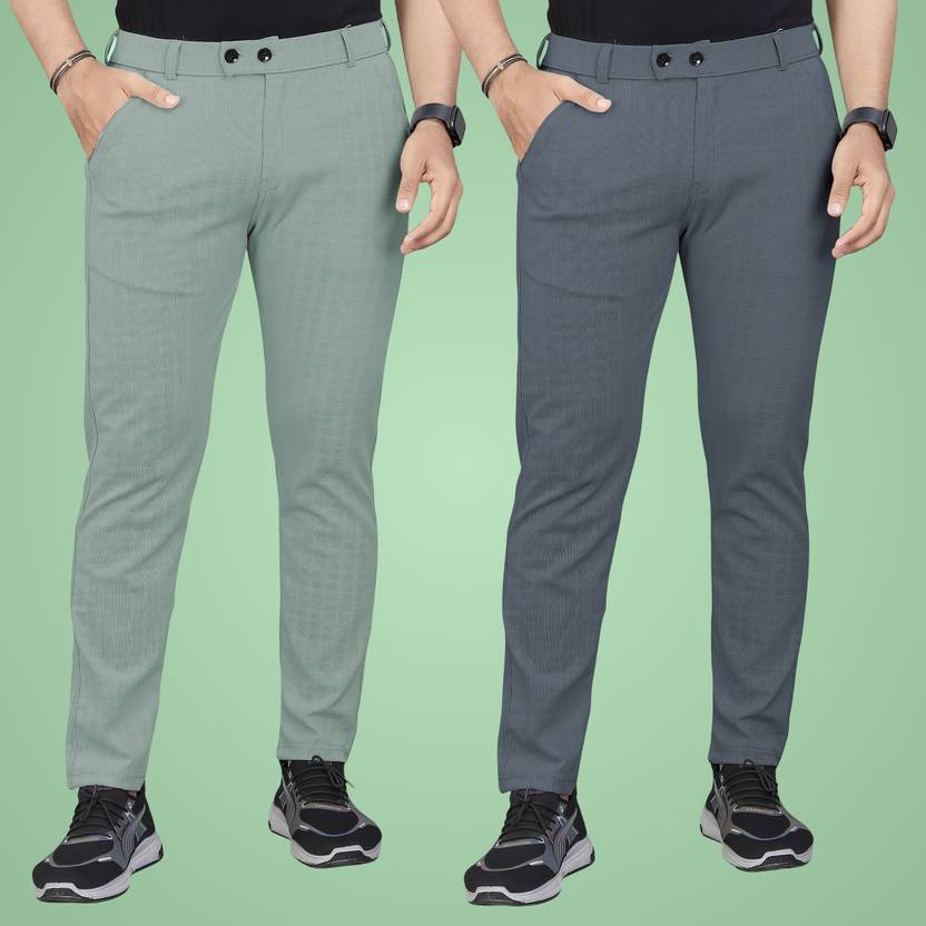 GIBBONTE  Pack of 2 Men Regular Fit Grey, Light Green Cotton Blend Trousers Flipkart Deal