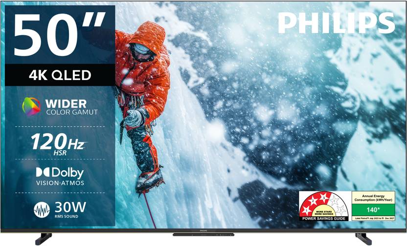 PHILIPS 126 cm (50 inch) QLED Ultra HD (4K) Smart Google TV 2025 Edition with Dolby Vision 30W Dolby Atmos 120Hz Refresh Rate HDR 10+ Wider Colour Gamut Ultra Narrow Bezel 32 GB Storage (50PQT8100/94) Flipkart Deal