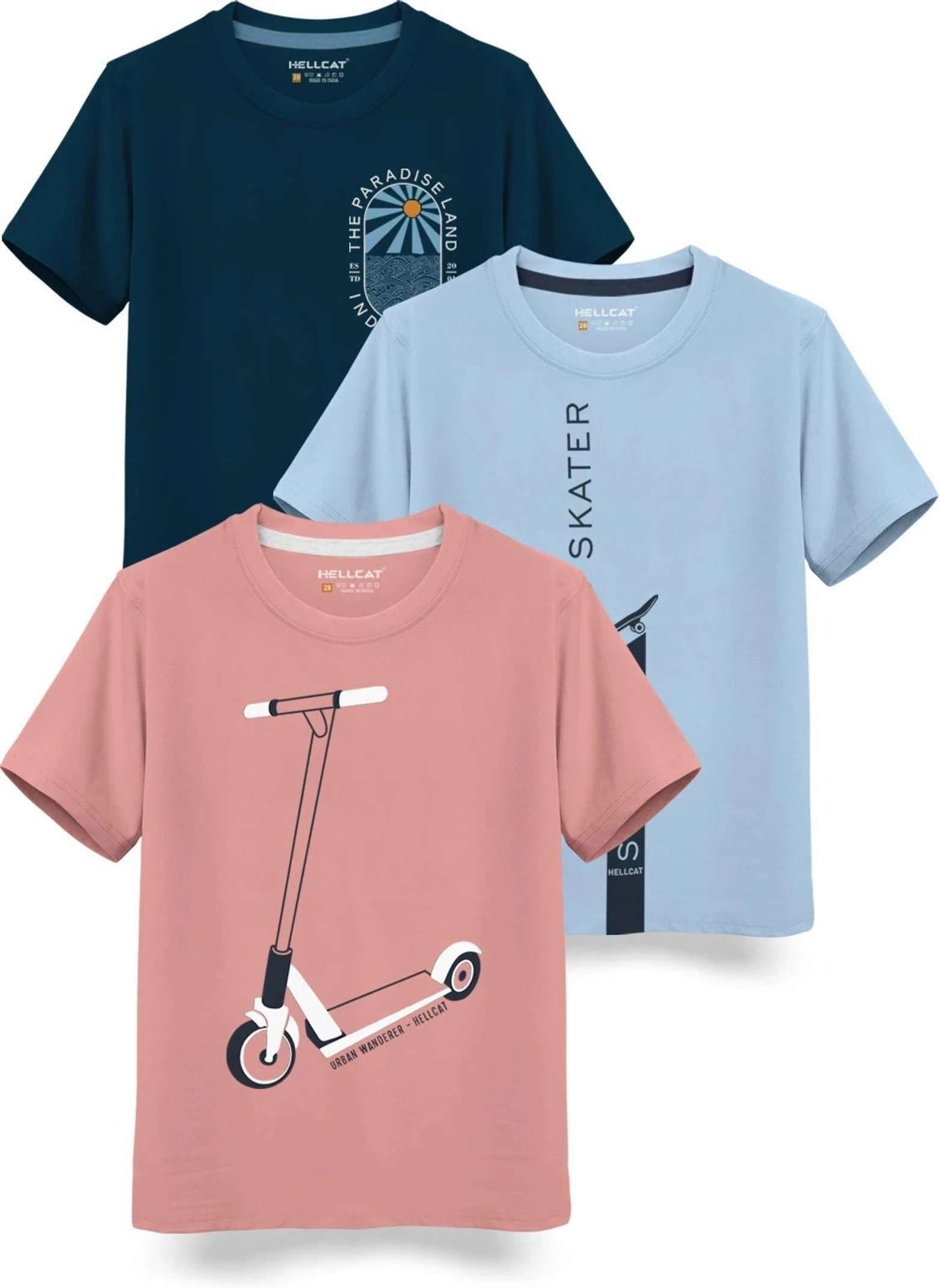 Hellcat Boys Printed Cotton Blend Regular T Shirt (Blue, Pack of 3) Flipkart Deal