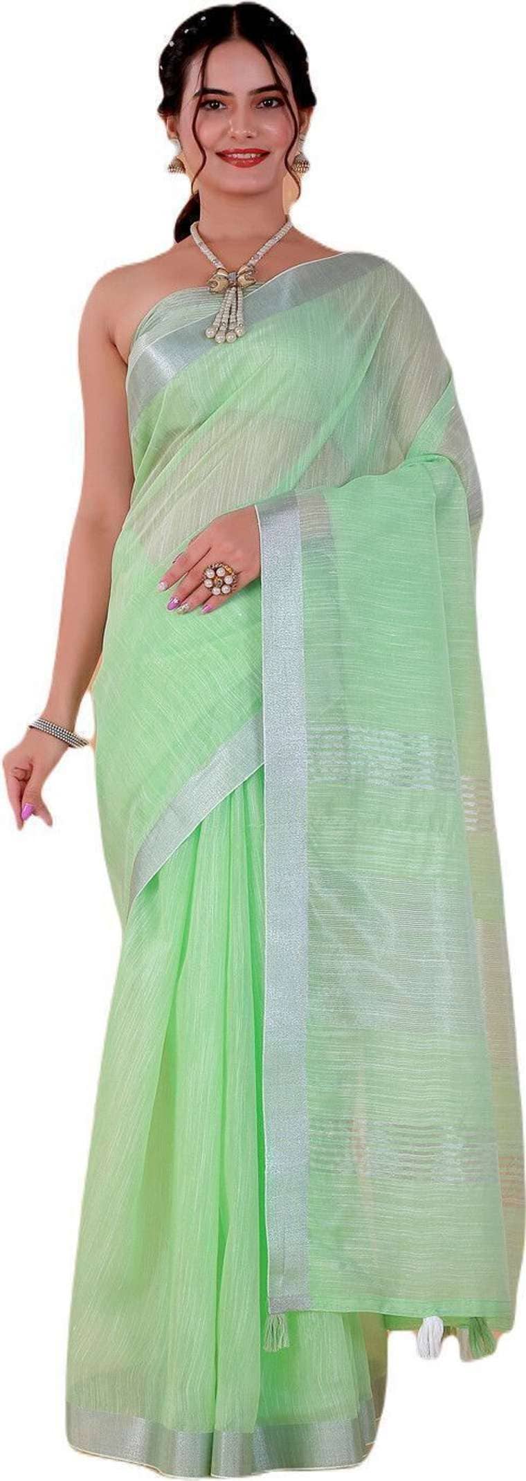 NEGRONI Solid/Plain Daily Wear Linen Saree (Green) Flipkart Deal