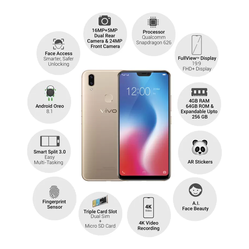 Vivo V9 (4 GB RAM, 64 GB) Gold images, Buy Vivo V9 (4 GB RAM, 64 GB) Gold online at price Rs. 21,699